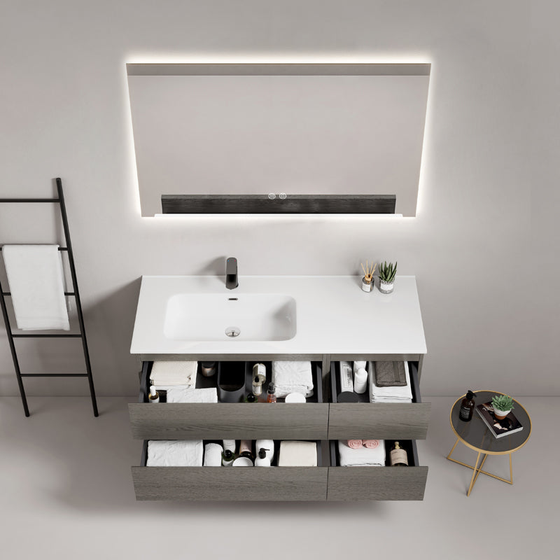 Mobile bagno sospeso 140 cm Grey Lavabo a Destra in Resina Specchio Quadro Retroilluminato - Fiji Wood