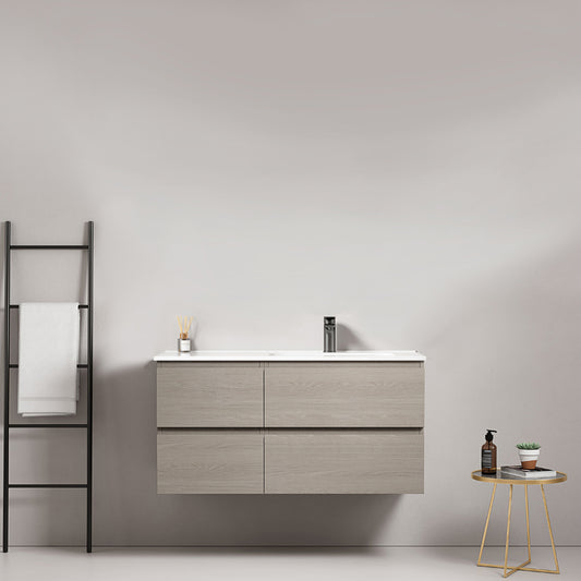 Mobile bagno sospeso 100 cm Beige Lavabo a Destra in Ceramica Senza Specchio - Fiji Wood