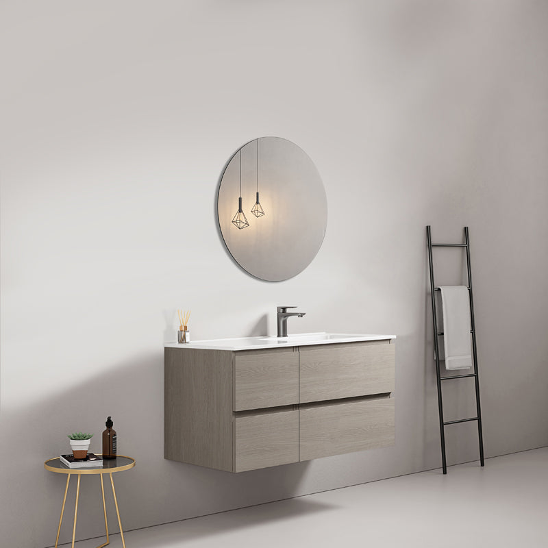 Mobile bagno sospeso 100 cm Beige Lavabo a Destra in Ceramica Specchio Tondo - Fiji Wood