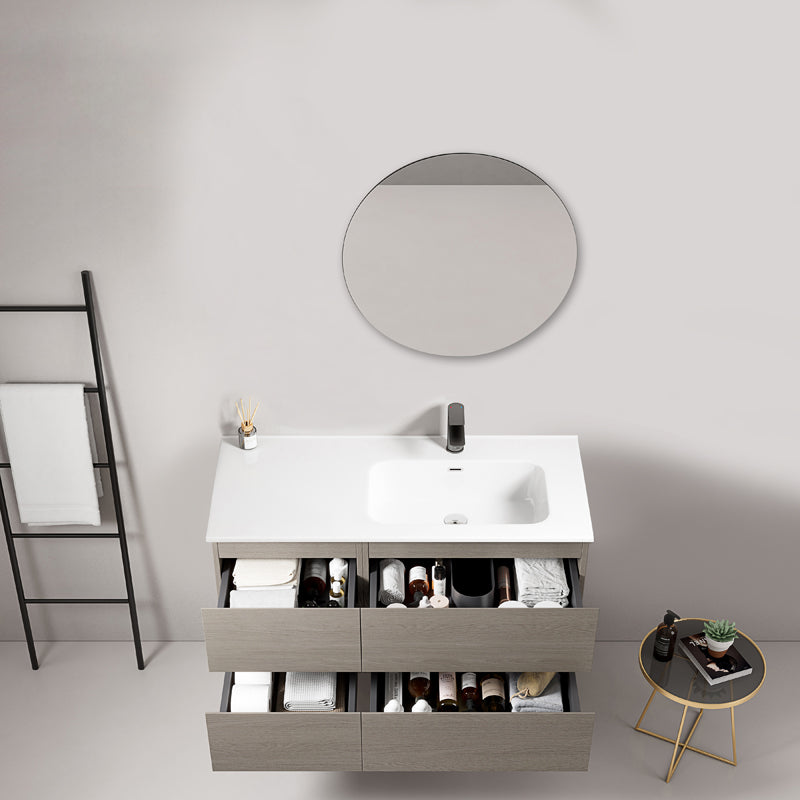 Mobile bagno sospeso 100 cm Beige Lavabo a Destra in Ceramica Specchio Tondo - Fiji Wood