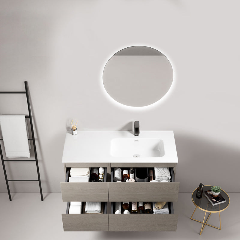 Mobile bagno sospeso 100 cm Beige Lavabo a Destra in Ceramica Specchio Tondo Retroilluminato - Fiji Wood
