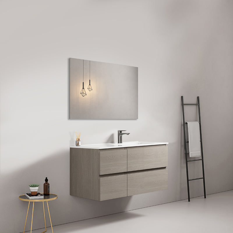 Mobile bagno sospeso 100 cm Beige Lavabo a Destra in Ceramica Specchio Quadro - Fiji Wood