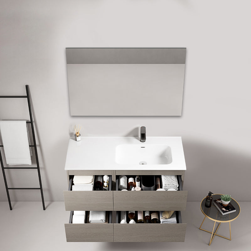 Mobile bagno sospeso 100 cm Beige Lavabo a Destra in Ceramica Specchio Quadro - Fiji Wood