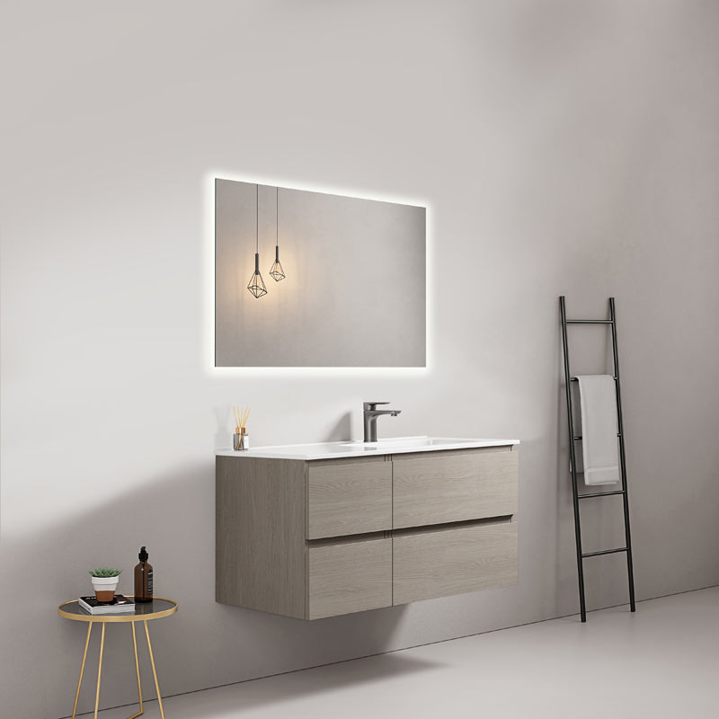 Mobile bagno sospeso 100 cm Beige Lavabo a Destra in Ceramica Specchio Quadro Retroilluminato - Fiji Wood