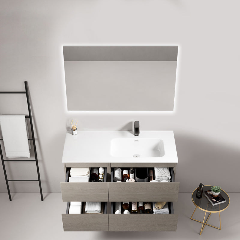 Mobile bagno sospeso 100 cm Beige Lavabo a Destra in Ceramica Specchio Quadro Retroilluminato - Fiji Wood