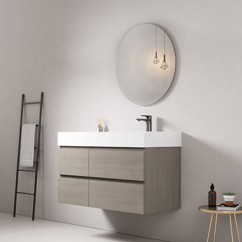 Mobile bagno sospeso 100 cm Beige Lavabo a Destra in Resina Specchio Tondo - Fiji Wood