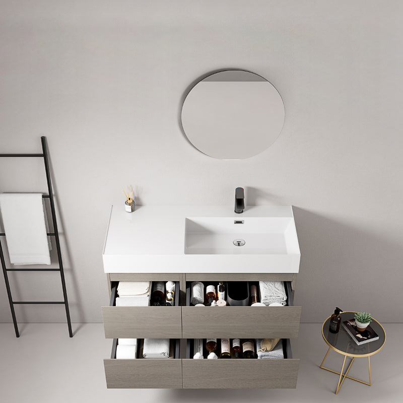 Mobile bagno sospeso 100 cm Beige Lavabo a Destra in Resina Specchio Tondo - Fiji Wood