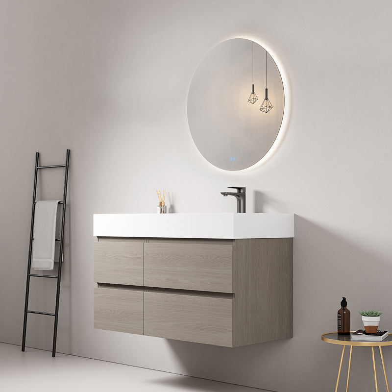Mobile bagno sospeso 100 cm Beige Lavabo a Destra in Resina Specchio Tondo Retroilluminato - Fiji Wood