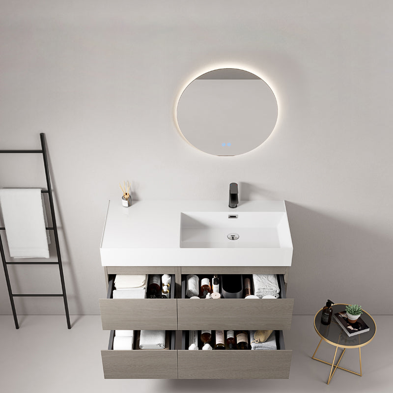 Mobile bagno sospeso 100 cm Beige Lavabo a Destra in Resina Specchio Tondo Retroilluminato - Fiji Wood