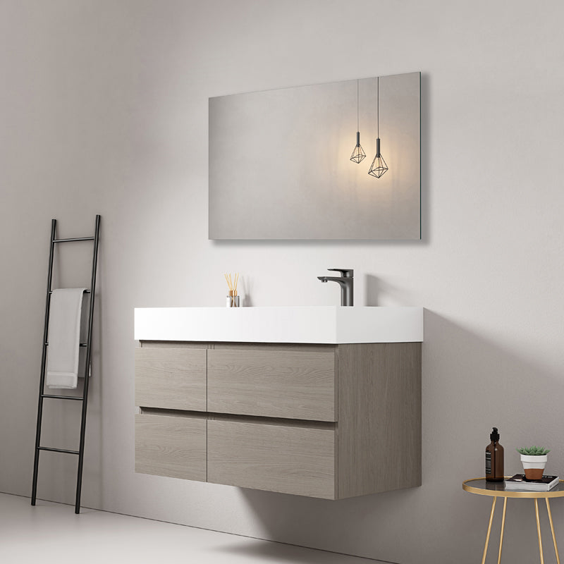 Mobile bagno sospeso 100 cm Beige Lavabo a Destra in Resina Specchio Quadro - Fiji Wood