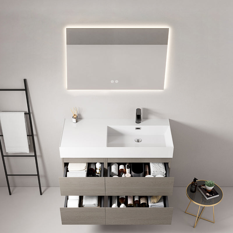 Mobile bagno sospeso 100 cm Beige Lavabo a Destra in Resina Specchio Quadro Retroilluminato - Fiji Wood