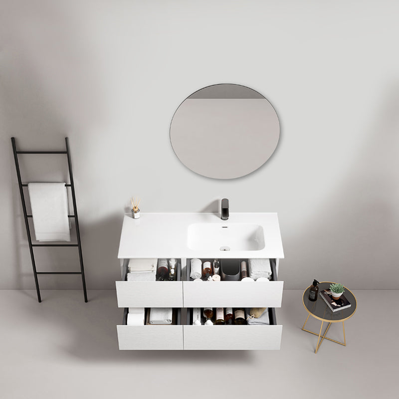 Mobile bagno sospeso 100 cm Bianco Lavabo a Destra in Ceramica Specchio Tondo - Fiji Wood