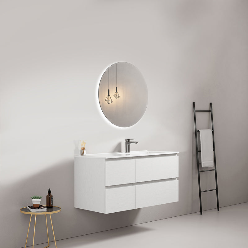 Mobile bagno sospeso 100 cm Bianco Lavabo a Destra in Ceramica Specchio Tondo Retroilluminato - Fiji Wood