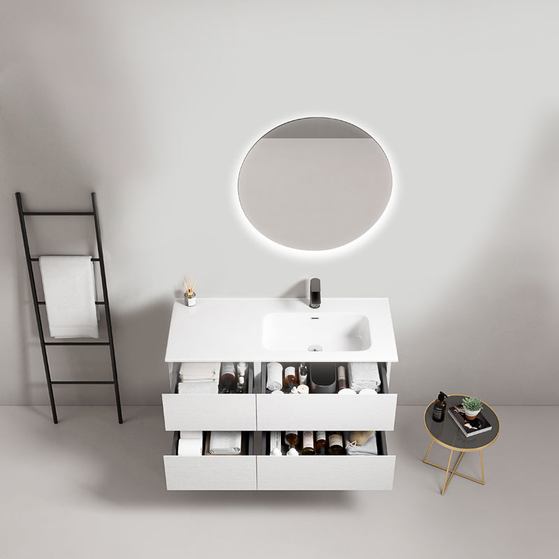 Mobile bagno sospeso 100 cm Bianco Lavabo a Destra in Ceramica Specchio Tondo Retroilluminato - Fiji Wood