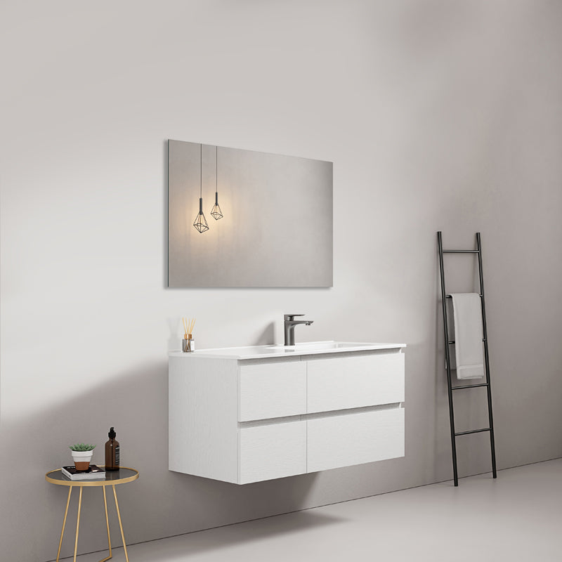 Mobile bagno sospeso 100 cm Bianco Lavabo a Destra in Ceramica Specchio Quadro - Fiji Wood