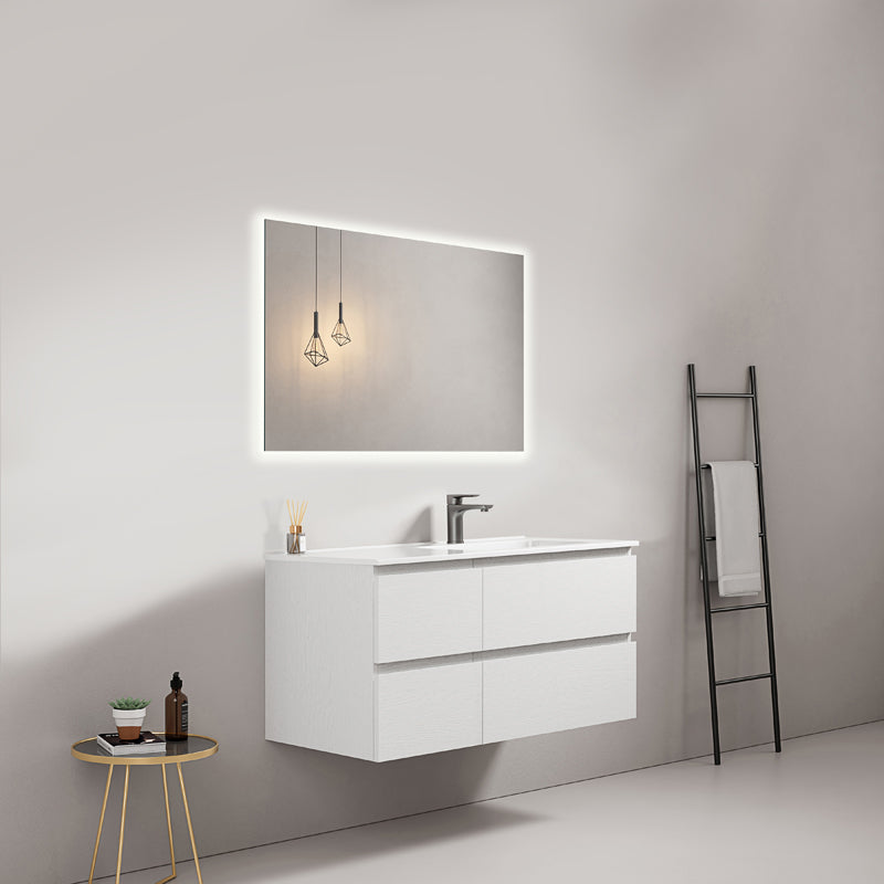 Mobile bagno sospeso 100 cm Bianco Lavabo a Destra in Ceramica Specchio Quadro Retroilluminato - Fiji Wood