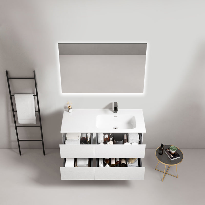 Mobile bagno sospeso 100 cm Bianco Lavabo a Destra in Ceramica Specchio Quadro Retroilluminato - Fiji Wood