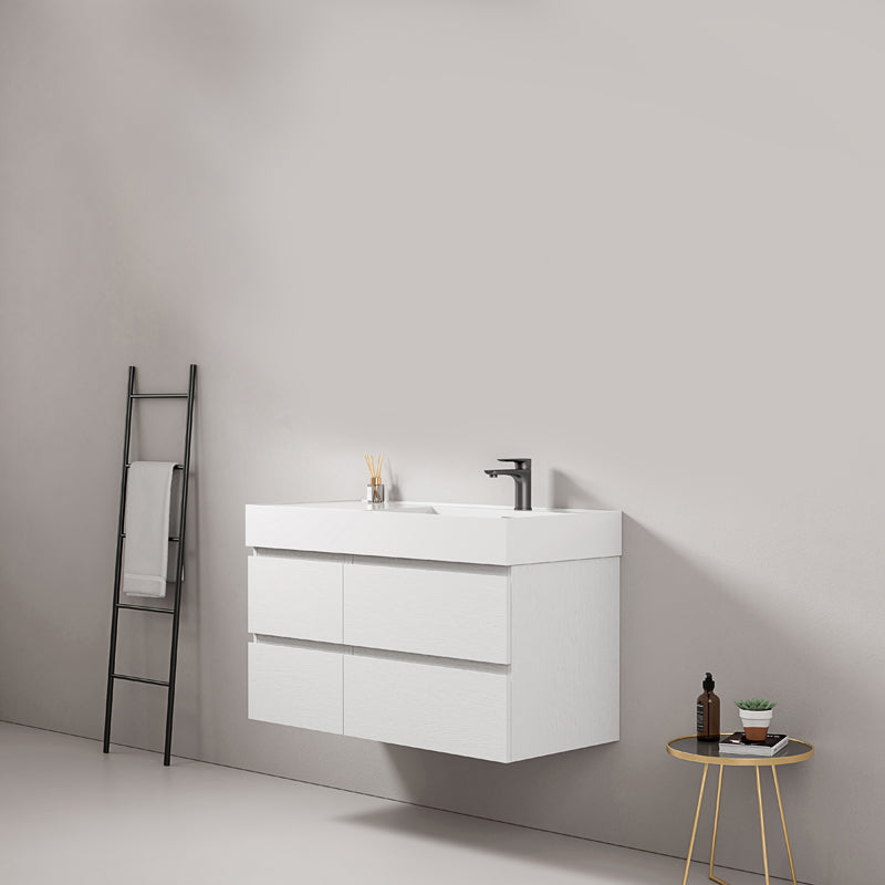 Mobile bagno sospeso 100 cm Bianco Lavabo a Destra in Resina Senza Specchio - Fiji Wood