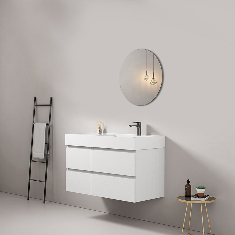 Mobile bagno sospeso 100 cm Bianco Lavabo a Destra in Resina Specchio Tondo - Fiji Wood