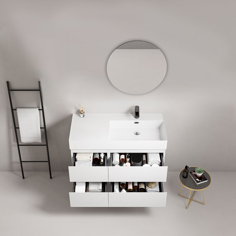 Mobile bagno sospeso 100 cm Bianco Lavabo a Destra in Resina Specchio Tondo - Fiji Wood