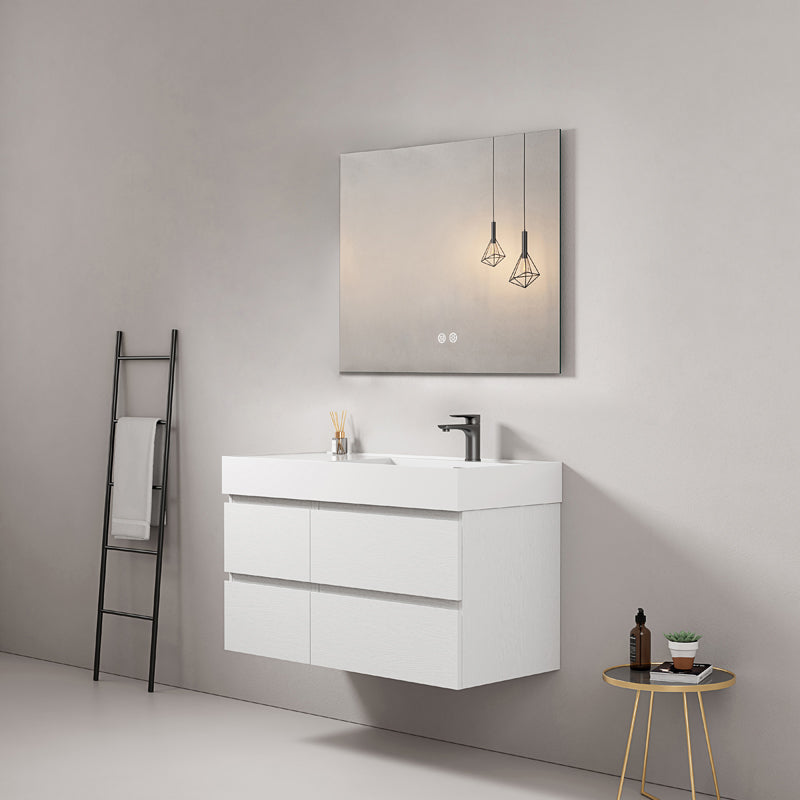 Mobile bagno sospeso 100 cm Bianco Lavabo a Destra in Resina Specchio Quadro - Fiji Wood