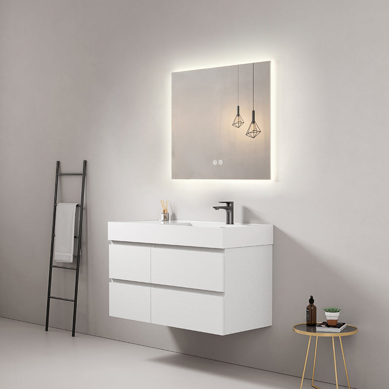 Mobile bagno sospeso 100 cm Bianco Lavabo a Destra in Resina Specchio Quadro Retroilluminato - Fiji Wood