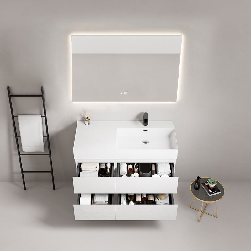Mobile bagno sospeso 100 cm Bianco Lavabo a Destra in Resina Specchio Quadro Retroilluminato - Fiji Wood