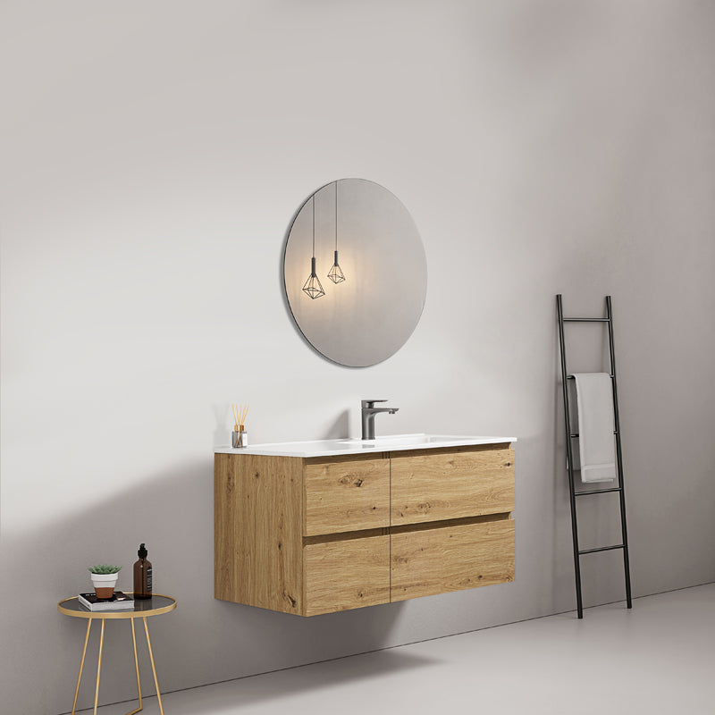 Mobile bagno sospeso 100 cm Bruno Medio Lavabo a Destra in Ceramica Specchio Tondo Retroilluminato - Fiji Wood