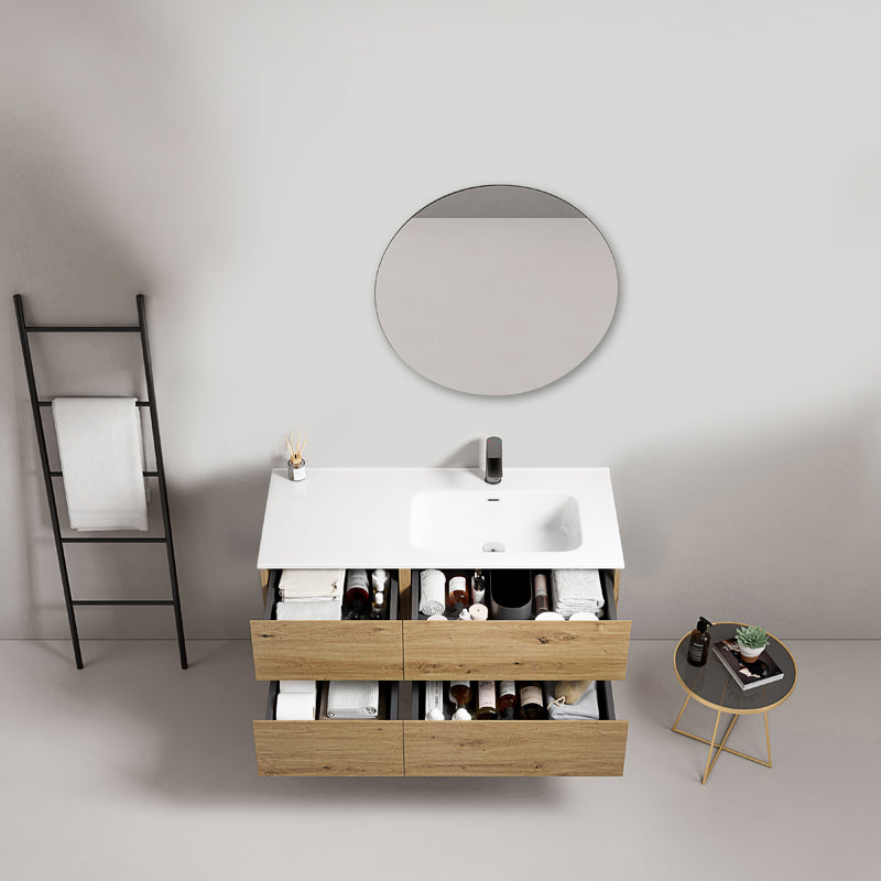 Mobile bagno sospeso 100 cm Bruno Medio Lavabo a Destra in Ceramica Specchio Tondo Retroilluminato - Fiji Wood