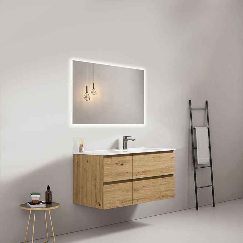 Mobile bagno sospeso 100 cm Bruno Medio Lavabo a Destra in Ceramica Specchio Quadro Retroilluminato - Fiji Wood