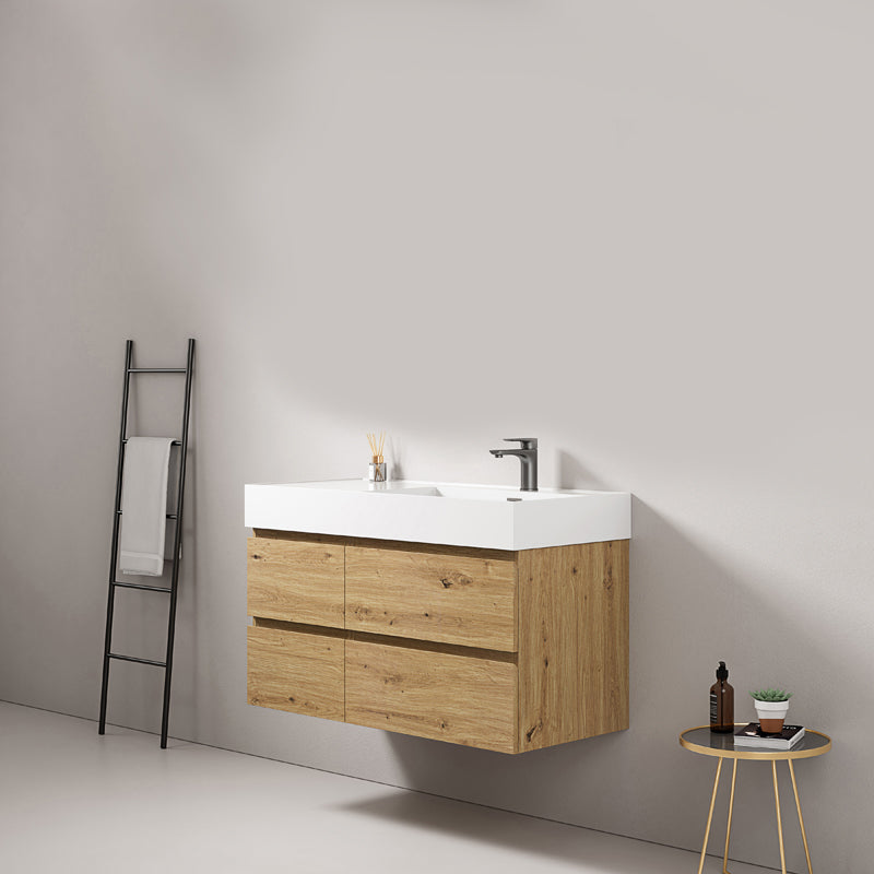 Mobile bagno sospeso 100 cm Bruno Medio Lavabo a Destra in Resina Senza Specchio - Fiji Wood