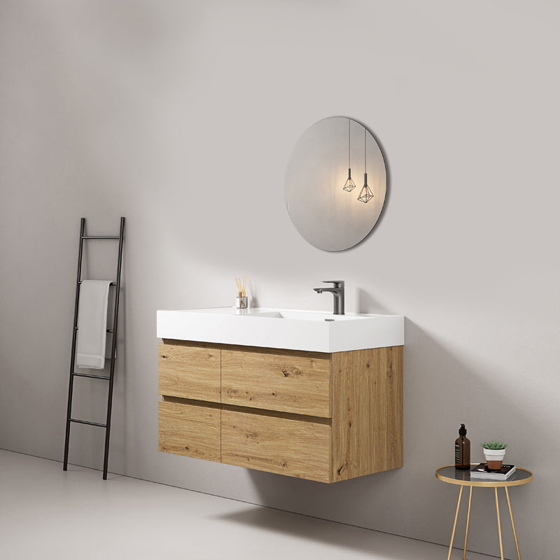 Mobile bagno sospeso 100 cm Bruno Medio Lavabo a Destra in Resina Specchio Tondo - Fiji Wood
