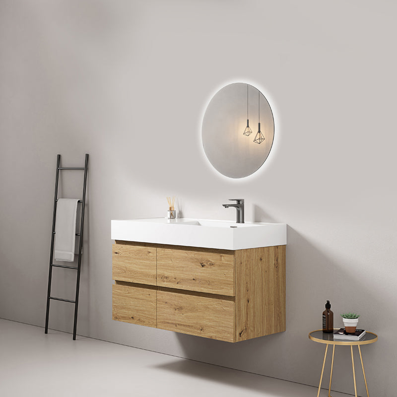 Mobile bagno sospeso 100 cm Bruno Medio Lavabo a Destra in Resina Specchio Tondo Retroilluminato - Fiji Wood