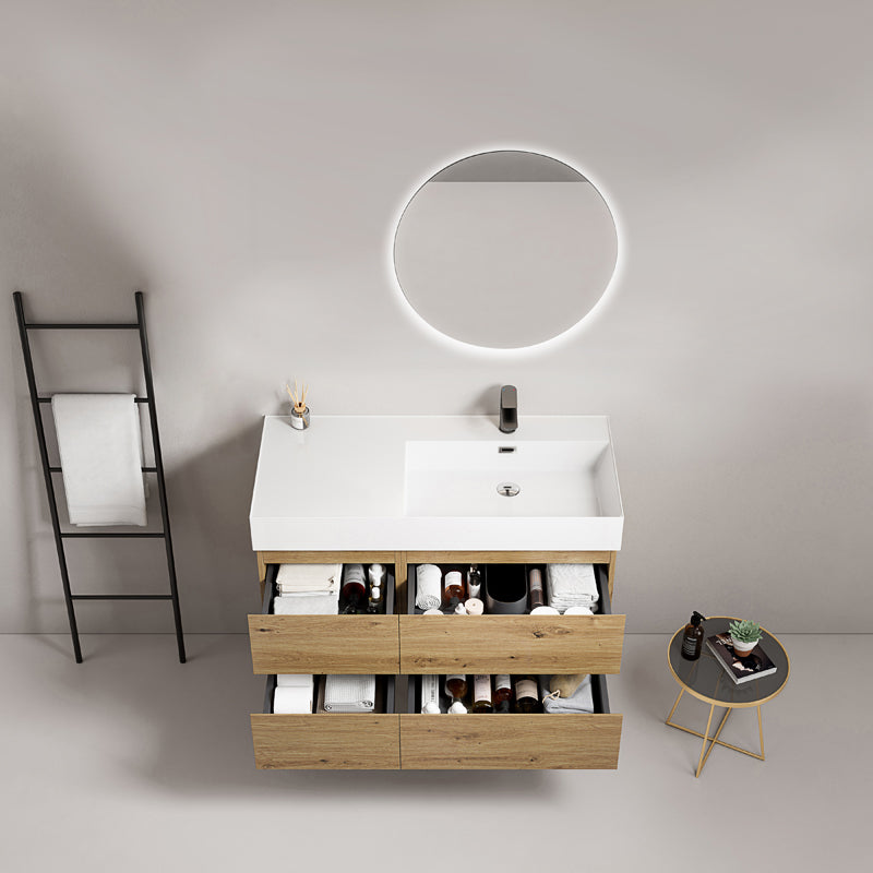 Mobile bagno sospeso 100 cm Bruno Medio Lavabo a Destra in Resina Specchio Tondo Retroilluminato - Fiji Wood