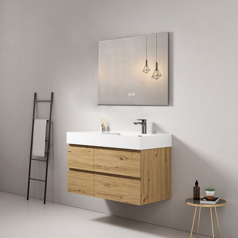 Mobile bagno sospeso 100 cm Bruno Medio Lavabo a Destra in Resina Specchio Quadro - Fiji Wood