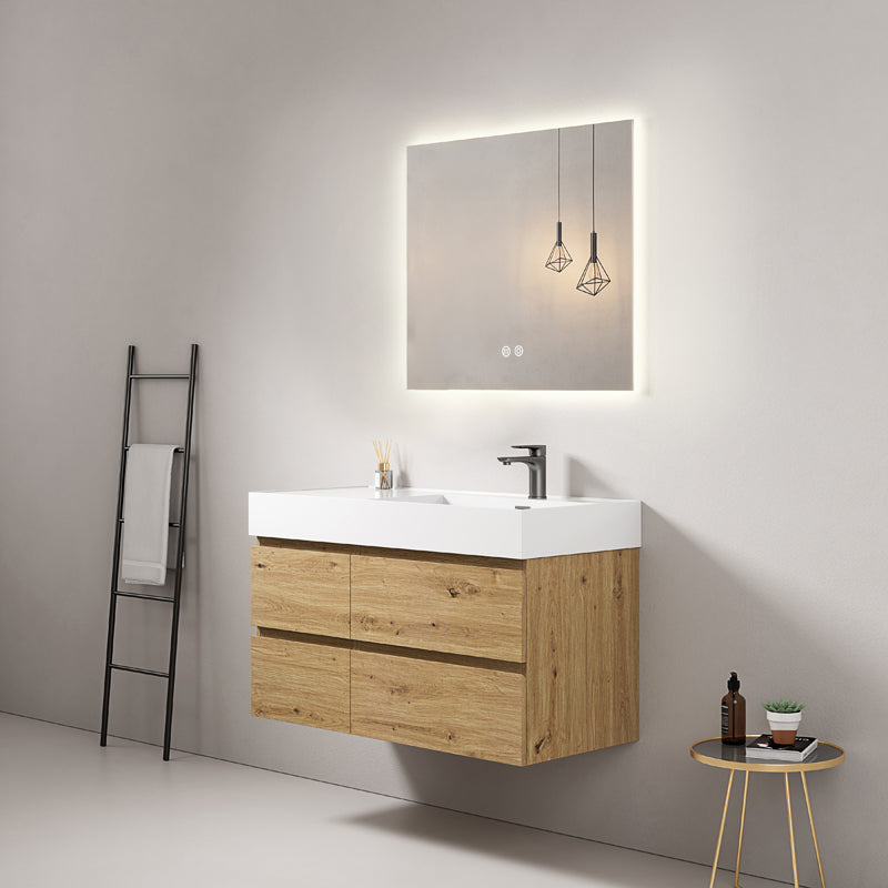 Mobile bagno sospeso 100 cm Bruno Medio Lavabo a Destra in Resina Specchio Quadro Retroilluminato - Fiji Wood