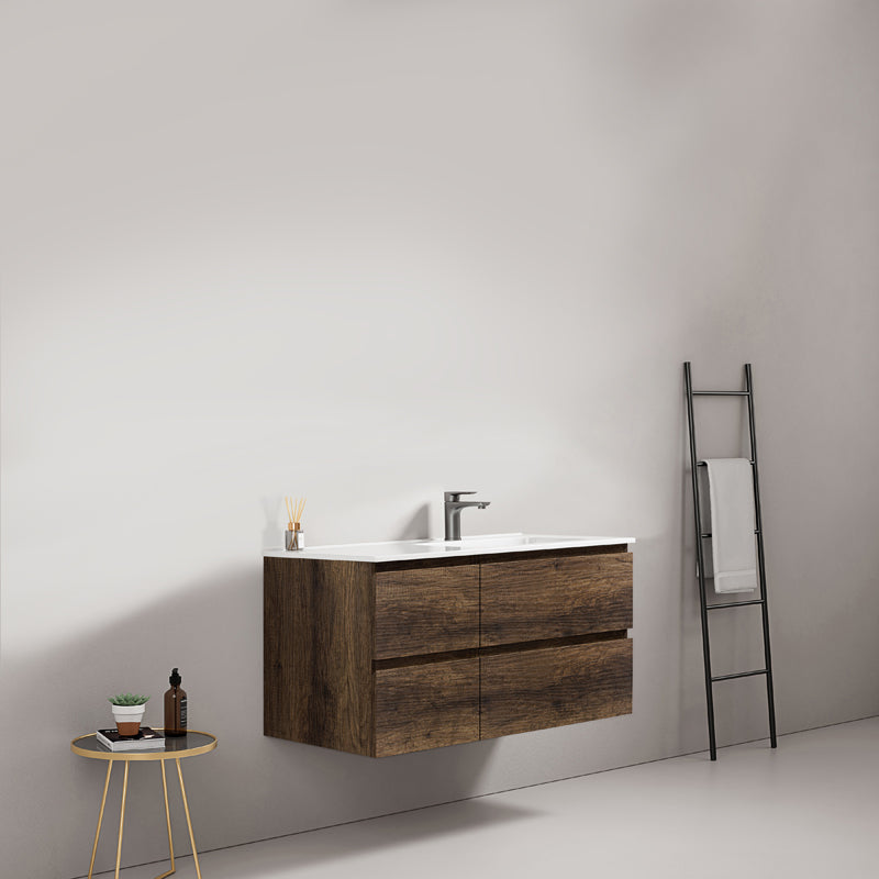 Mobile bagno sospeso 100 cm Bruno Scuro Lavabo a Destra in Ceramica Senza Specchio - Fiji Wood
