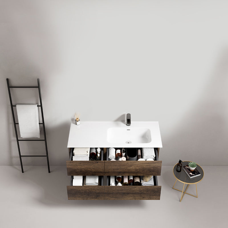 Mobile bagno sospeso 100 cm Bruno Scuro Lavabo a Destra in Ceramica Senza Specchio - Fiji Wood