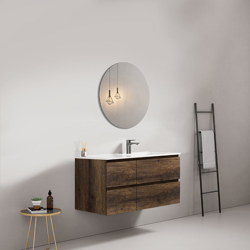 Mobile bagno sospeso 100 cm Bruno Scuro Lavabo a Destra in Ceramica Specchio Tondo - Fiji Wood