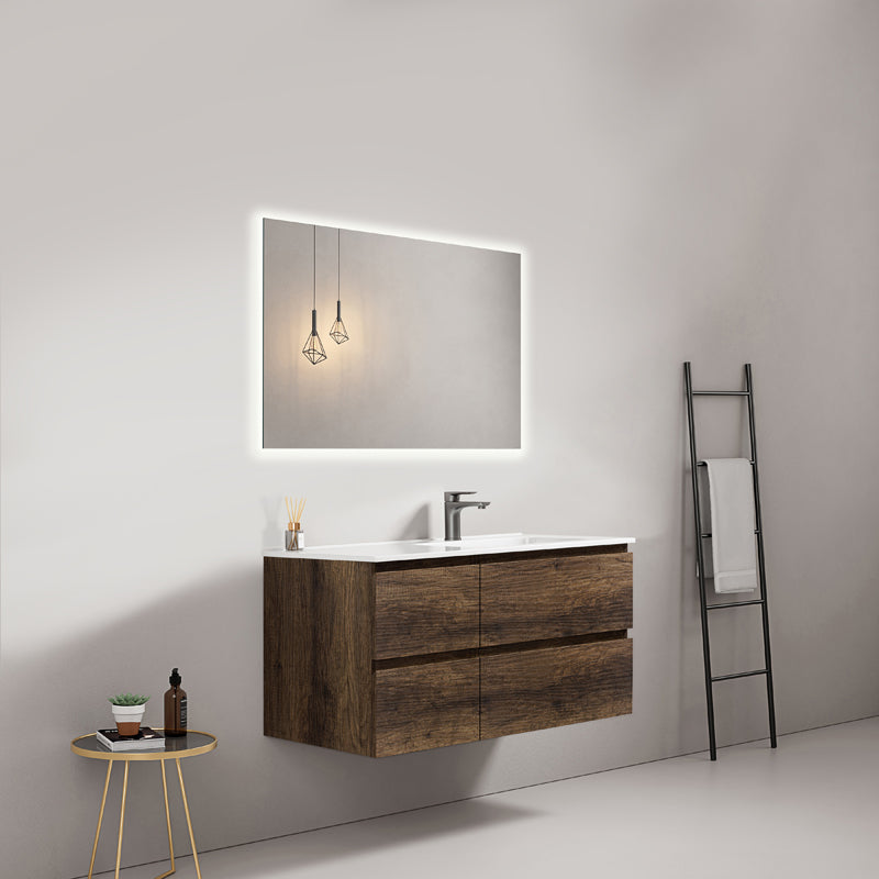 Mobile bagno sospeso 100 cm Bruno Scuro Lavabo a Destra in Ceramica Specchio Quadro Retroilluminato - Fiji Wood