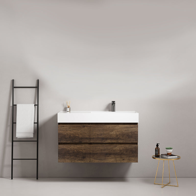 Mobile bagno sospeso 100 cm Bruno Scuro Lavabo a Destra in Resina Senza Specchio - Fiji Wood