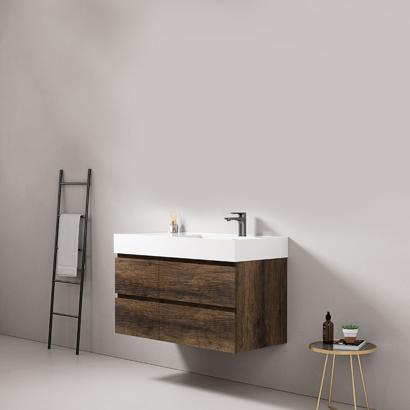 Mobile bagno sospeso 100 cm Bruno Scuro Lavabo a Destra in Resina Senza Specchio - Fiji Wood