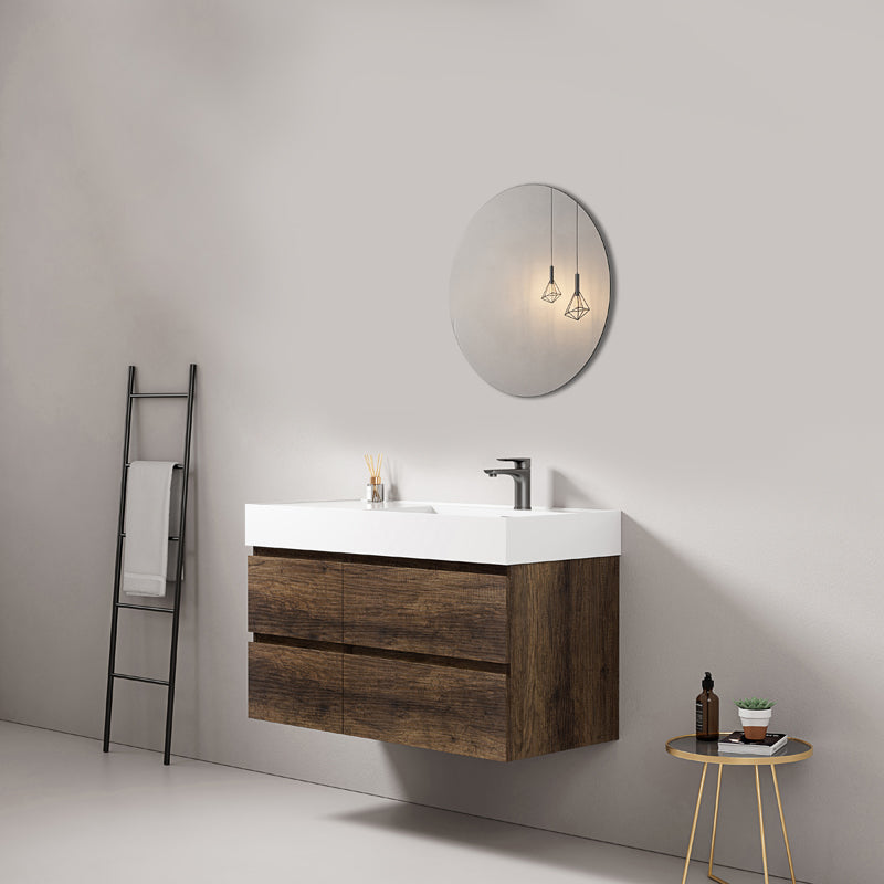 Mobile bagno sospeso 100 cm Bruno Scuro Lavabo a Destra in Resina Specchio Tondo - Fiji Wood