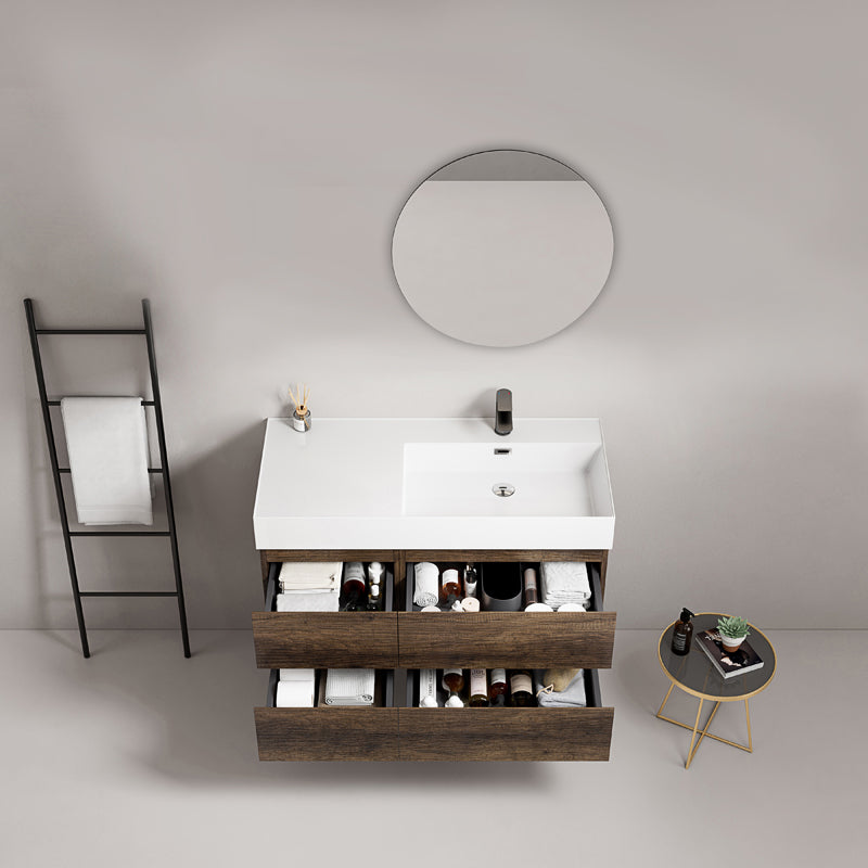 Mobile bagno sospeso 100 cm Bruno Scuro Lavabo a Destra in Resina Specchio Tondo - Fiji Wood