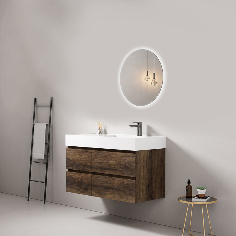 Mobile bagno sospeso 100 cm Bruno Scuro Lavabo a Destra in Resina Specchio Tondo Retroilluminato - Fiji Wood