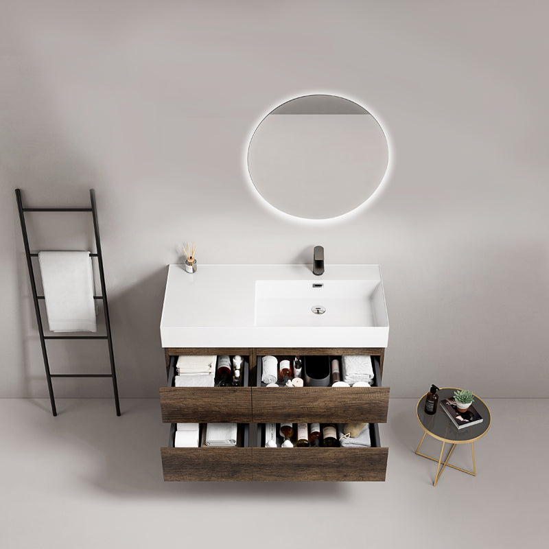 Mobile bagno sospeso 100 cm Bruno Scuro Lavabo a Destra in Resina Specchio Tondo Retroilluminato - Fiji Wood