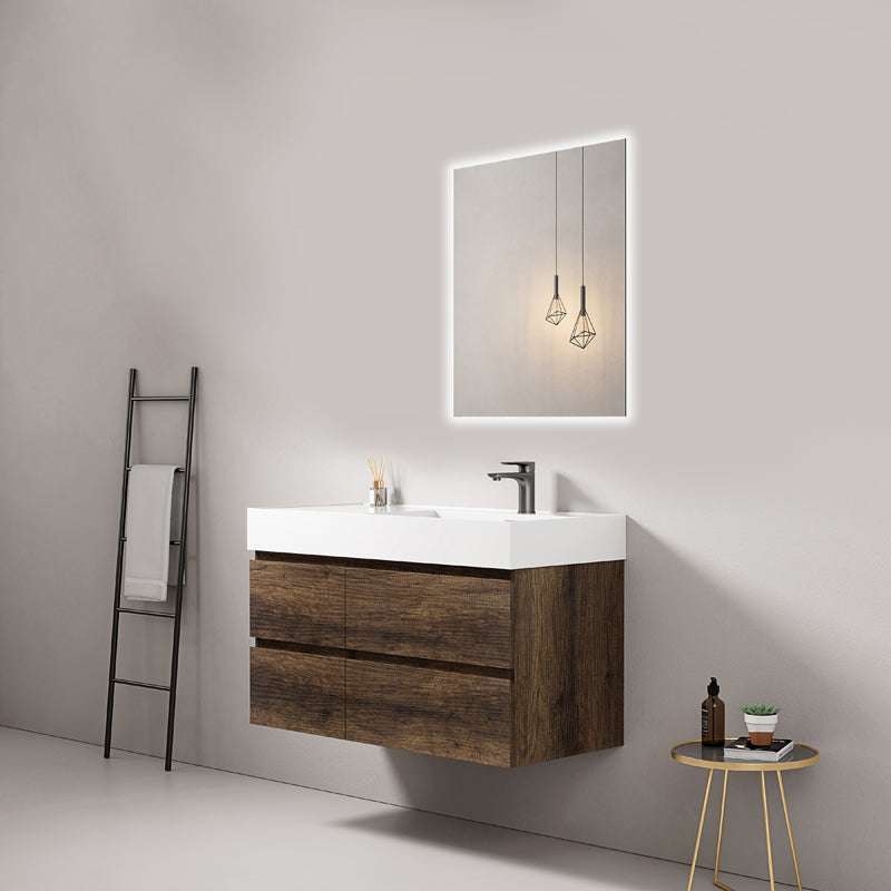 Mobile bagno sospeso 100 cm Bruno Scuro Lavabo a Destra in Resina Specchio Quadro Retroilluminato - Fiji Wood