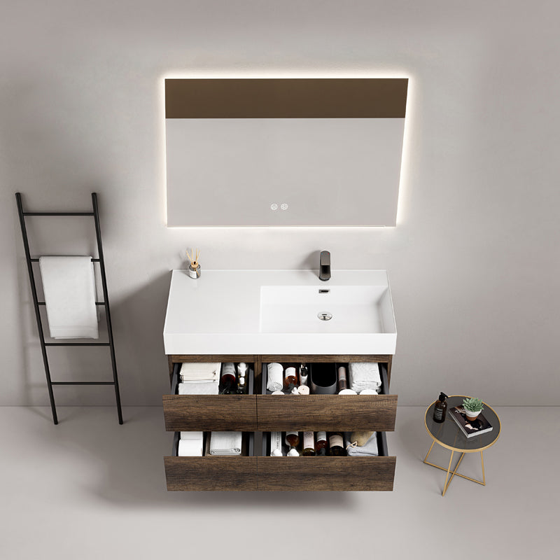 Mobile bagno sospeso 100 cm Bruno Scuro Lavabo a Destra in Resina Specchio Quadro Retroilluminato - Fiji Wood