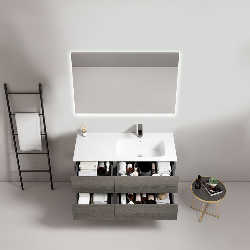 Mobile bagno sospeso 100 cm Grey Lavabo a Destra in Ceramica Specchio Quadro Retroilluminato - Fiji Wood
