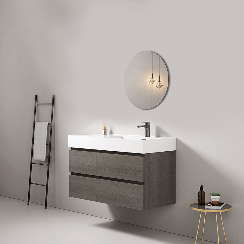 Mobile bagno sospeso 100 cm Grey Lavabo a Destra in Resina Specchio Tondo - Fiji Wood